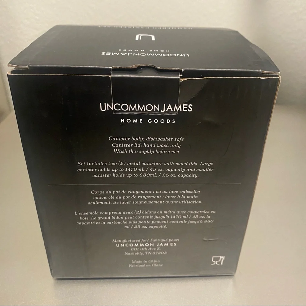 NIB Uncommon James Set of 2 Medium & Large Silver Hammered Canisters Wooden Lids